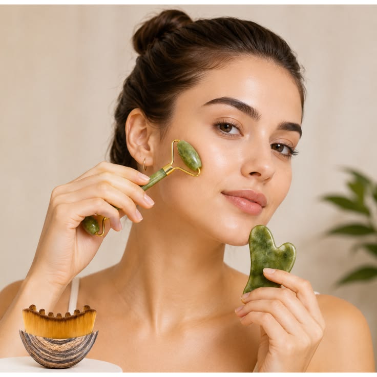 Kit Massagem Facial Rolo de Jade + Gua Sha | Skincare e Drenagem