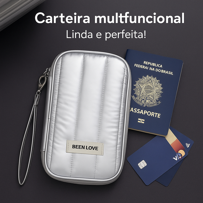 Carteira porta passaporte puffer, acolchoado, impermeável e moderno, leve na bolsa, na viagem